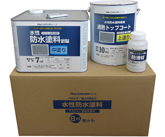 アトムサポート 水性防水塗料セット（既設防水トップコート塗り替え用）8m2セット（中塗/グレー・トップ/グレー） 販売単位：1個