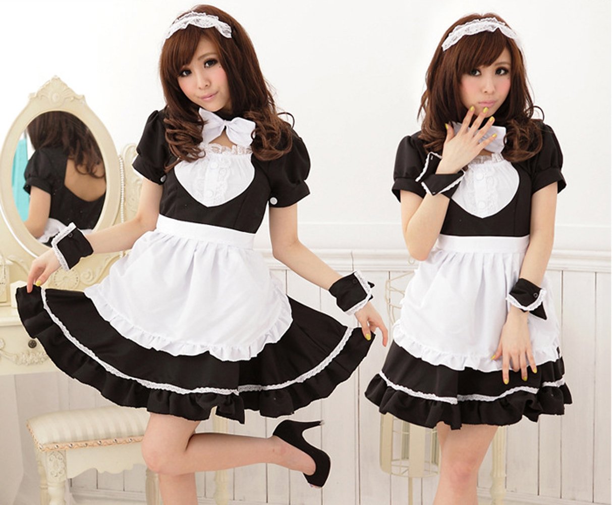 楽天市場 メイド服 コスプレ コスチューム レディース 萌え かわいい 黒 蝶ネクタイ エプロン カチューシャ カフス付き ロリータ5点セット Shop Delicious 楽天市場店