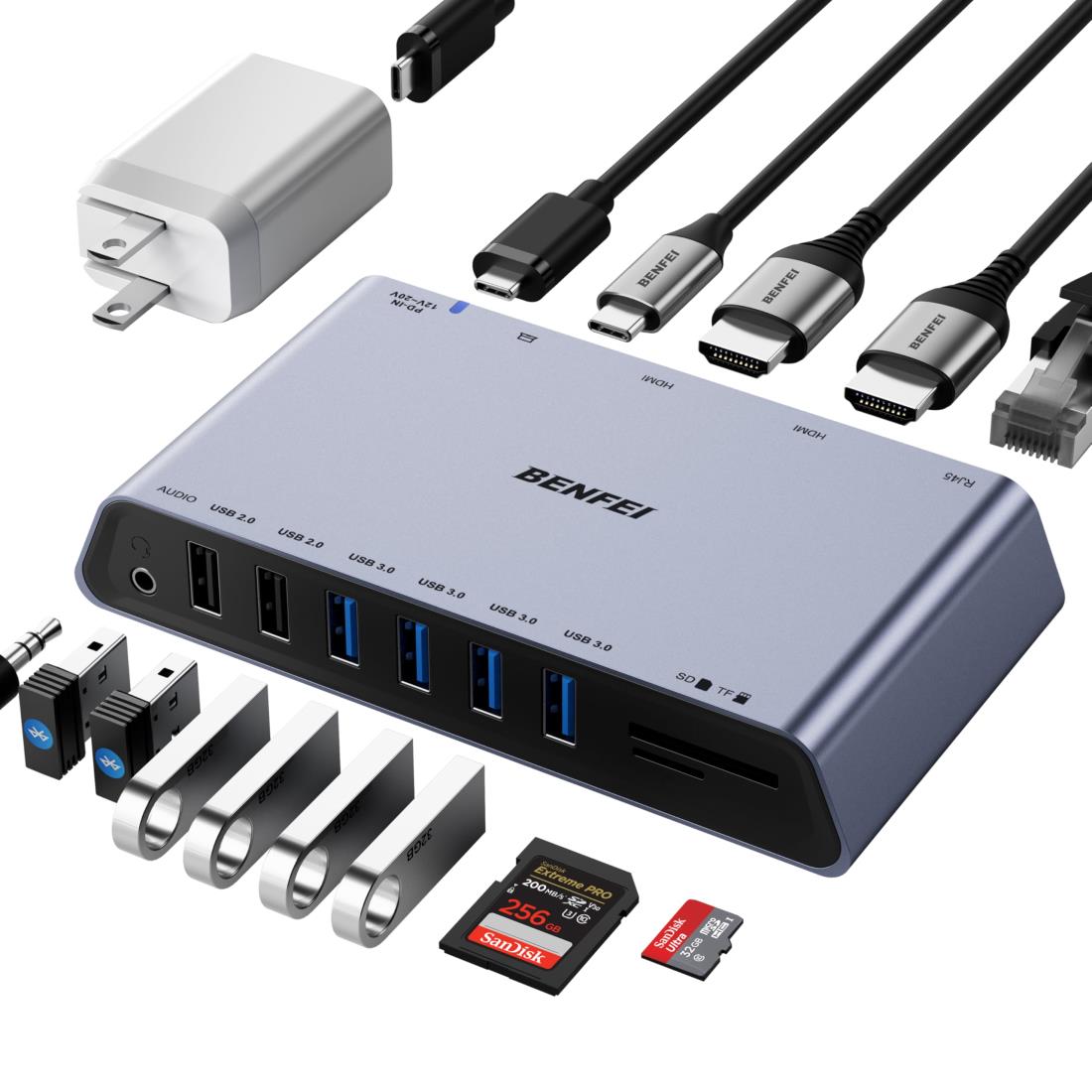 BENFEI 12-インチ-1 USB 3.0 USB-C 縛ステイション Docking Station、デュアル HDMI 見せびらかす/6*USB 界面/SD/TF 歌留多愛読者/1Gbpsギガビットイーサネットネットワーク/3.5粍 メスヘッドフォンジャック付き添い人 Windows および Mac と取り替えっこ性あり