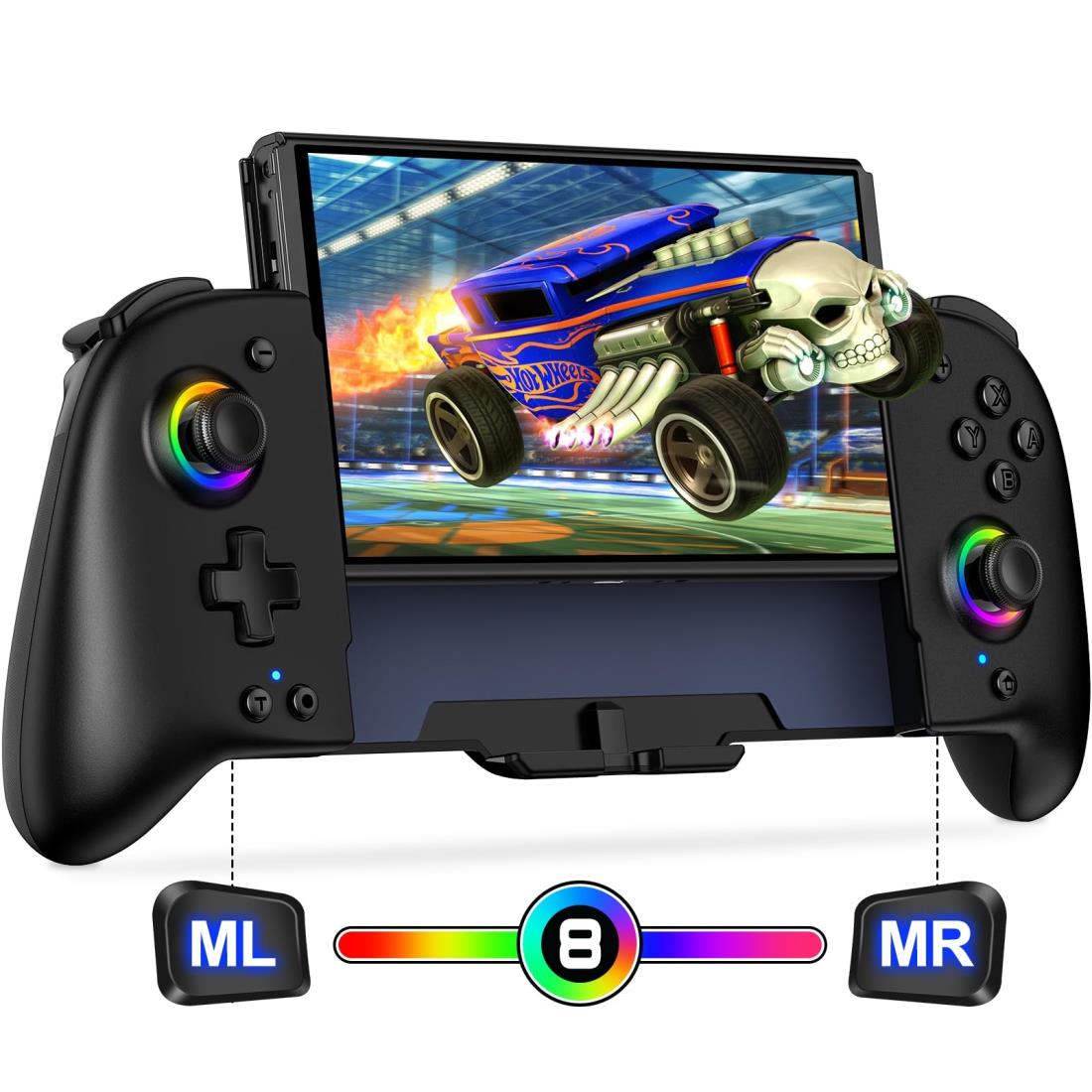 スイッチ コントロー ラー 8色RGBライト マクロ機能 携帯モード専用コントロー ラー for Nintendo Switch グリップ コントロー ラープログラム編集 ジャイロセンサー 振動 連射 無線 1000mAh大容量 Switch/OLEDに対応