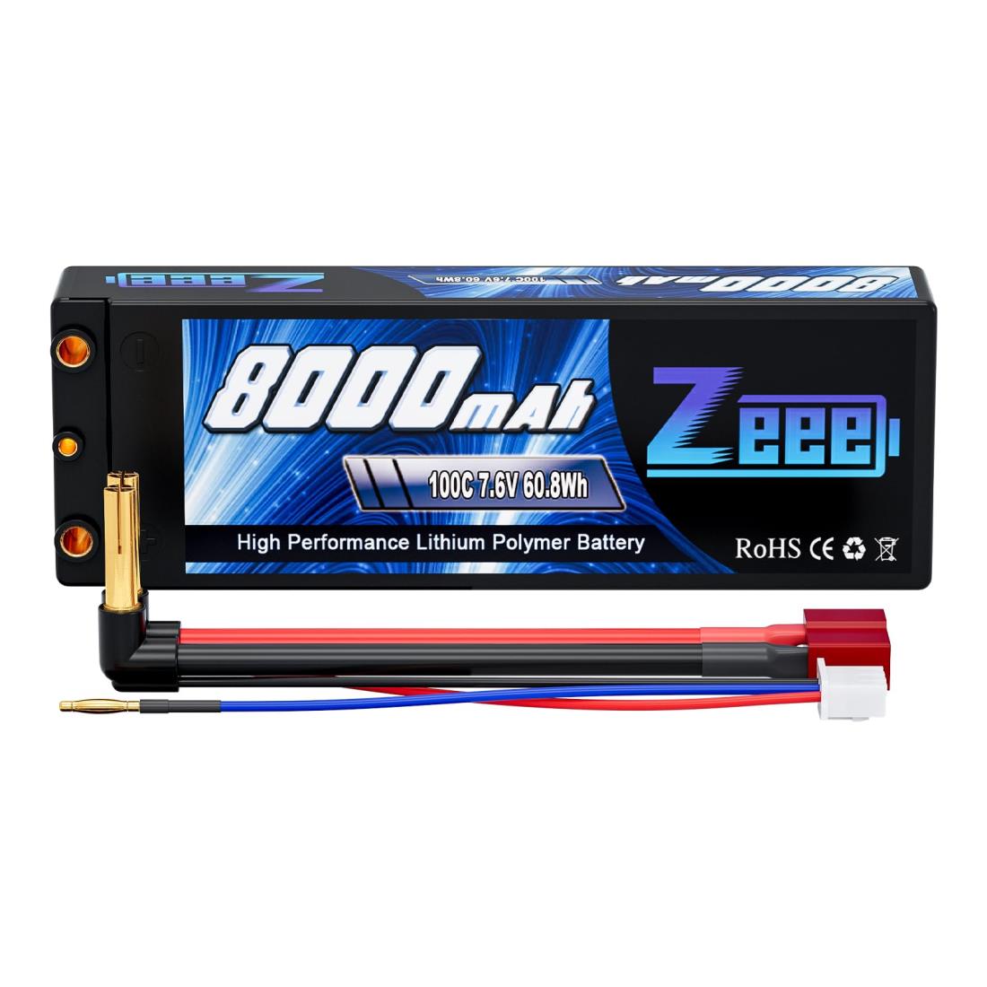 ゼエエ Zeee 7.6V 8000mAh 100C 2S リポバッテリー 大容量リチウムポリマーバッテリー 1/8と1/10 RCカー用 RCカー用 無人機用など （Φ4mmゴールドプラグ Tプラグ付き）