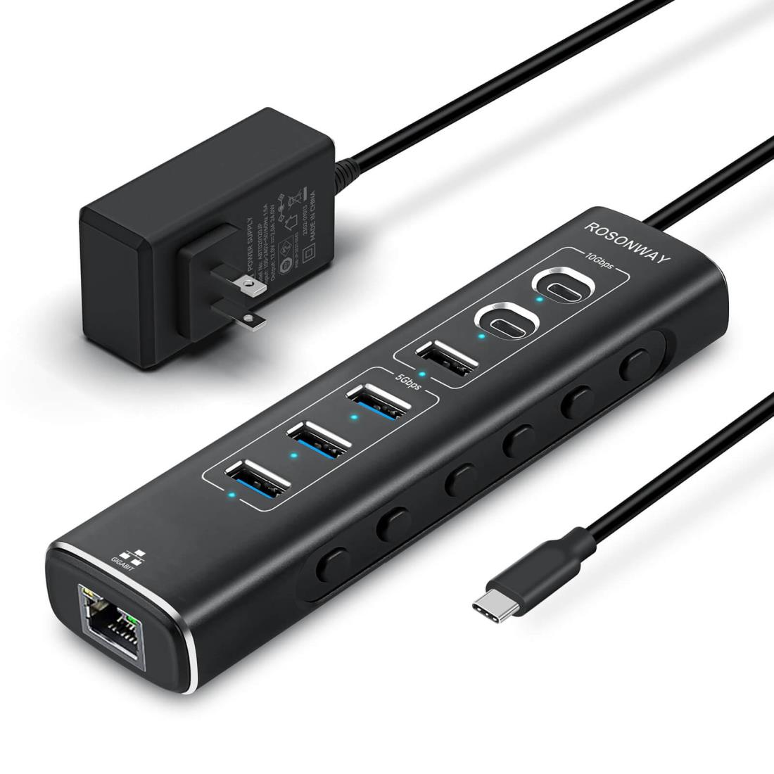 ROSONWAY USB ハブ10Gbps 7 in 1 LAN変換アダプター USB C 3.2x2 USB A 3.2x1 USB 3.0x3 アルミ製 USB HUB セルフパワーとバスパワー両用 12V 2A 電源 独立スイッチ付き(RSH-A107W)