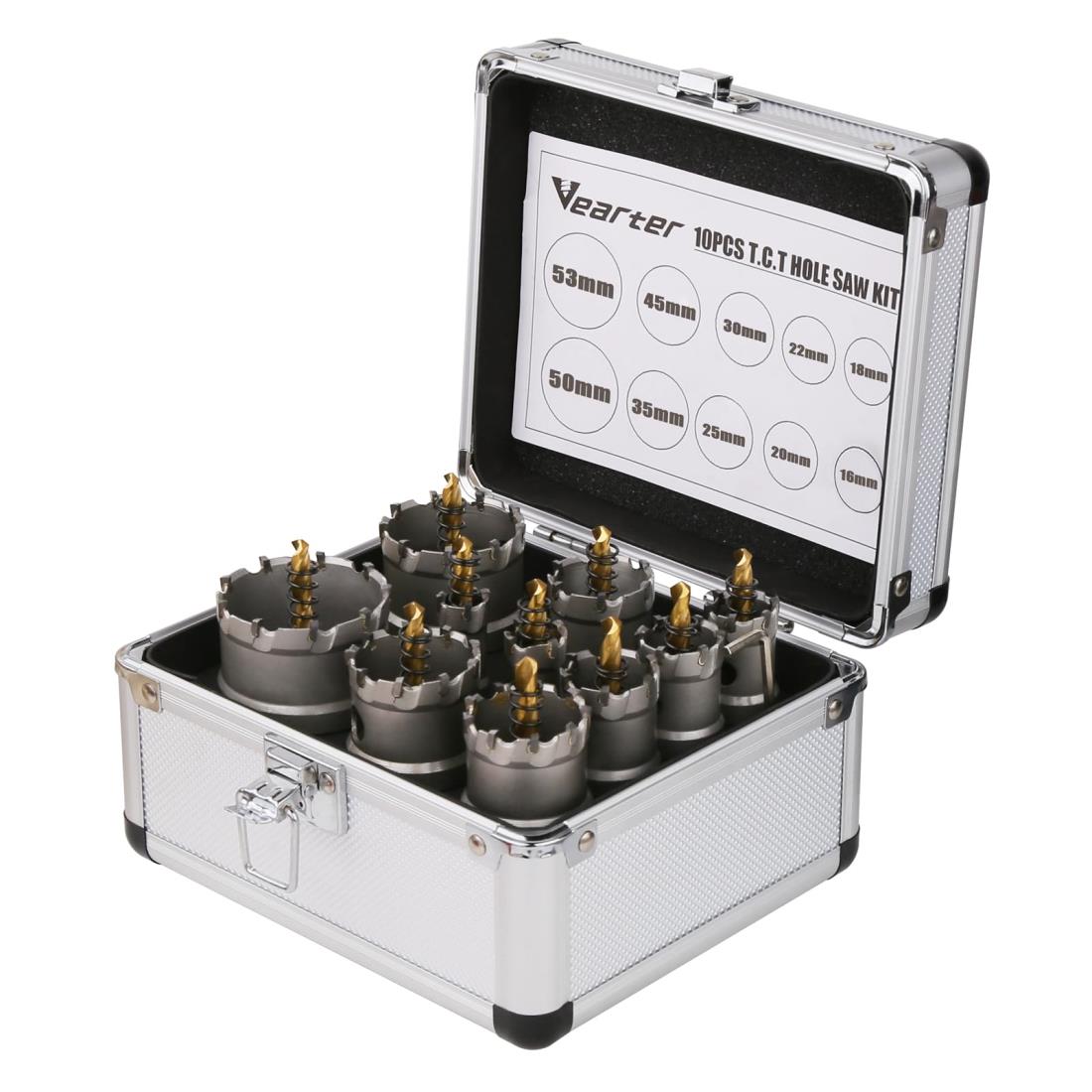 Vearter 10本組 16-53粍 ホールソーキット 超硬ホールソーセット TCT ビット 穴開けせん孔機 飛行士せん孔機付き添い人 ステンレス鋼鋼 固体性金属元素 鉄 軟鋼 軽銀 アロイ 可塑性物質 水のみ衣料繊維用