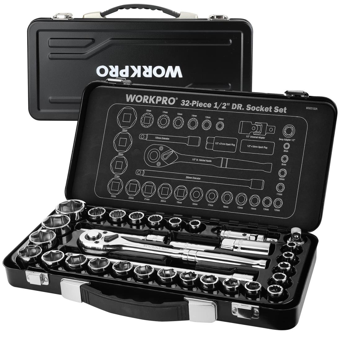 WORKPRO ソケットレンチセット 差込角12.7mm 32点セット ガレージツールセット ラチェットハンドル 鉄製収納ケース付き バイク 自動車整備 工具セット