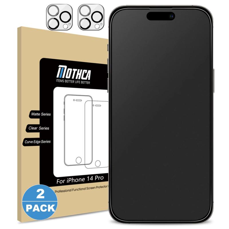 Mothca アンチグレア iPhone 14 Pro ガラスフィルム (2枚)＋iPhone 14 Pro カメラフィルム(2枚) ガラスフィルム アイフォン14 Pro用 液晶保護フィルム Dynamic Island対応 ゲームフィルム サラサラタ画像