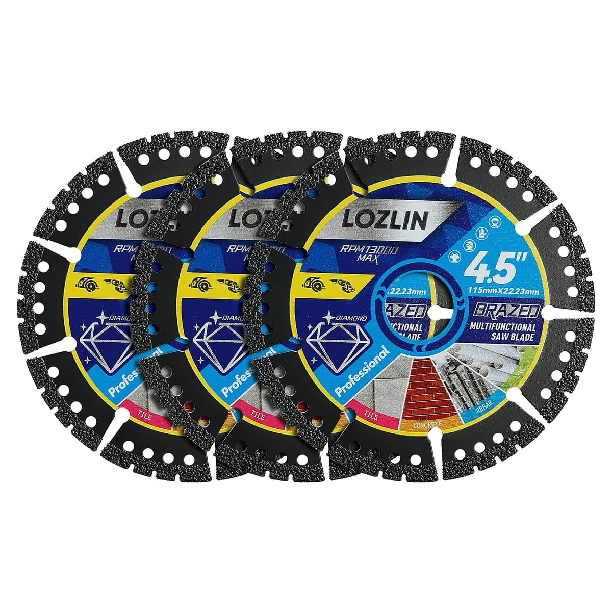 LOZLIN 3個風呂敷き包み 4.5in 金剛石 多役立つことソーブレード - マーブル/石英/石/瓦/金属元素/可塑性物質を切りはなすする利得の高耐久アングルグラインダーディスク