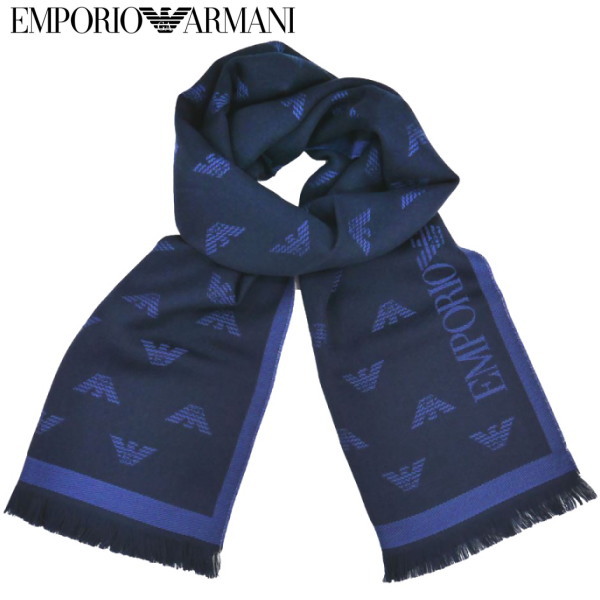 エンポリオ・アルマーニ マフラー スカーフ SLATE ネイビーブルー系 EMPORIO ARMANI イタリー製 ウール100% ギフト プレゼント 贈答品|shop GTO 店
