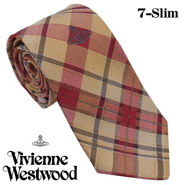 Vivienne Westwood ヴィヴィアン・ウェストウッド ネクタイ スリムタイプ ゴールド系 チェック柄 イタリー製 シルク100％ AW24 81050001-W0101-E405-GOLD