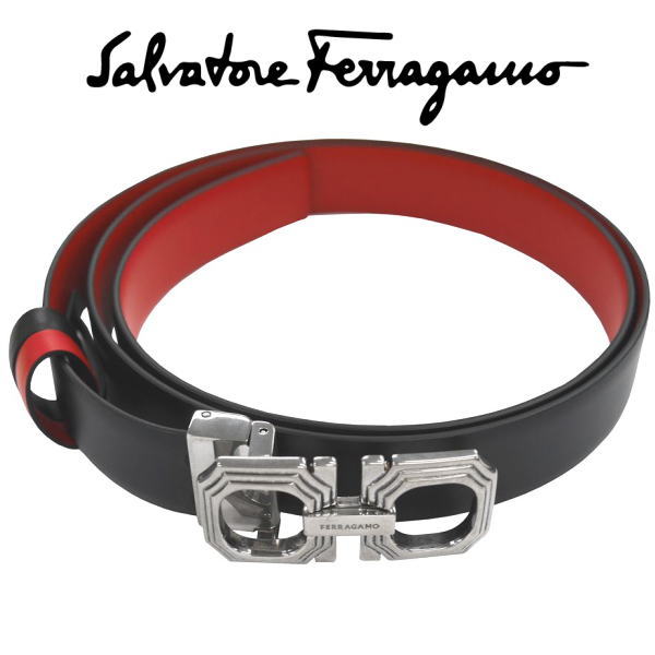 サルバトーレ フェラガモ salvatore ferragamo メンズベルト 100cm ブラック レッド リバーシブルタイプ 2.5cmスリムタイプ 並行輸入品 ギフト プレゼント 贈答品
