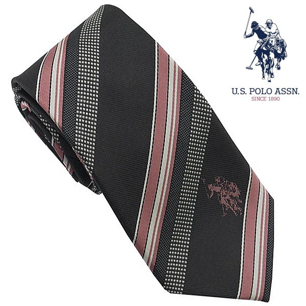 U.S.ポロ ネクタイ グレーストライプ柄 ピンクロゴ シルク100％ USPA-105 GYPK U.S.POLO ASSN ギフト プレゼント