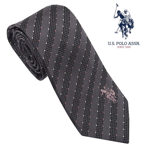 U.S.ポロ ネクタイ グレー ドットストライプ柄 ピンクロゴ シルク100％ USPA-114 RDPK U.S.POLO ASSN ギフト プレゼント
