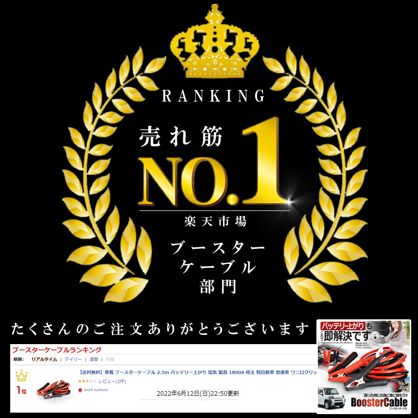 市場 ランキング受賞 ブースターケーブル 電気 緊急 バッテリー上がり 1800A 車載 2.5m