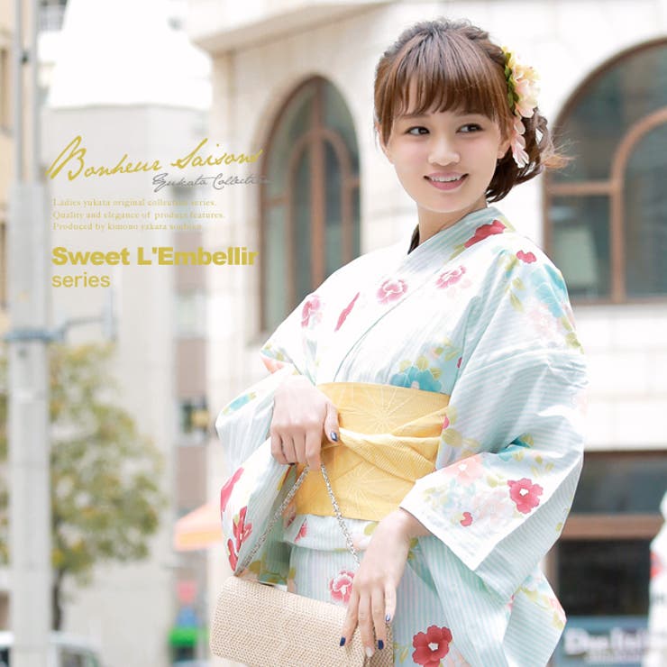 【10％OFFクーポン！7/26(日)1:59まで】SOUBIEN 浴衣　3点セット（浴衣/半幅帯/下駄）　bonheur saisons　ボヌールセゾン　水色　ブルー　縞　椿　ラメ　手捺染　綿　花火大会　夏祭り　浴衣セット　ゆかた　女性　レディース【モ｜SHOPLIST 15,573円