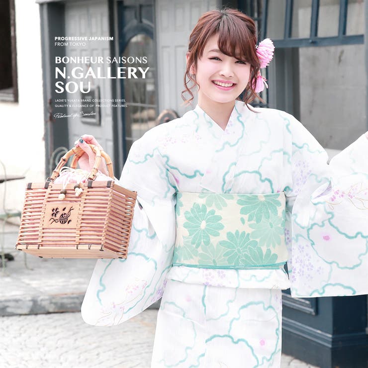 【10%OFFクーポン!7/26(日)1:59まで】SOUBIEN 浴衣 3点セット(浴衣/兵児帯/下駄) bonheur saisons 白 ホワイト 水色 ブルー 桜 金魚 雪輪 ラメ 綿麻 花火大会 夏祭り 浴衣セット ゆかた 女性 レディース【レ|SHOPLIST