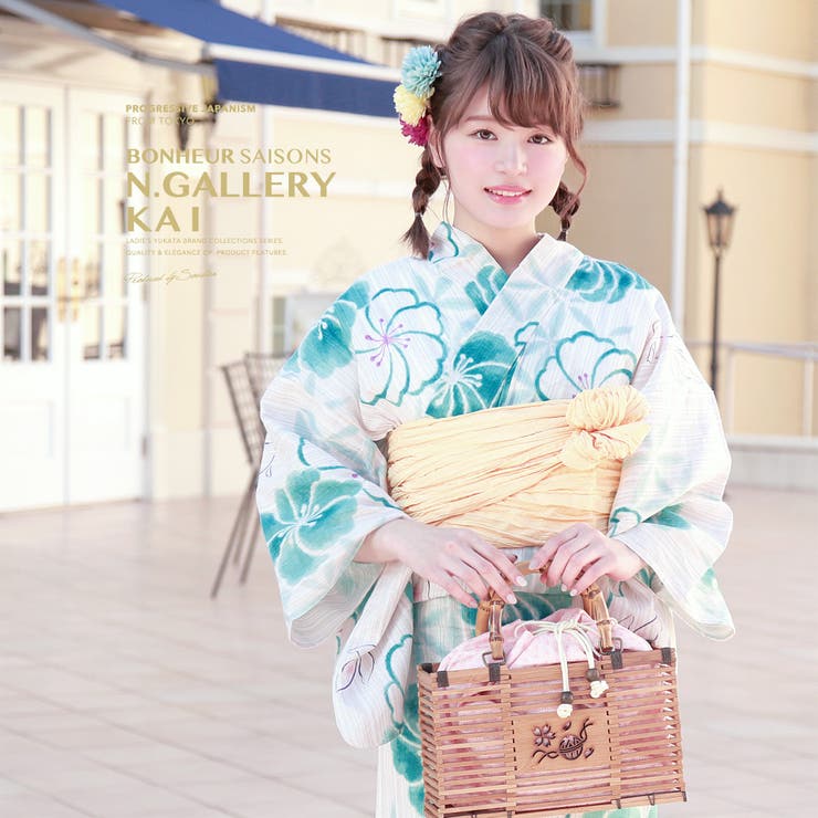 【10％OFFクーポン！5/7(木)9:59まで】SOUBIEN 浴衣 3点セット（浴衣/兵児帯/下駄） bonheur saisons 薄茶色 ベージュ 青緑 ブルーグリーン ターコイズブルー 金魚 麻の葉 花 綿麻 花火大会 夏祭り 浴衣セット ゆ