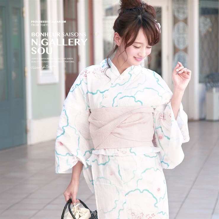 SOUBIEN 浴衣 3点セット（浴衣/兵児帯/下駄） bonheur saisons 白 ホワイト 桜 金魚 雪輪 ラメ 綿麻 花火大会 夏祭り 浴衣セット ゆかた 女性 レディース【レトロ】【レトロ】【大人】 浴衣・着物