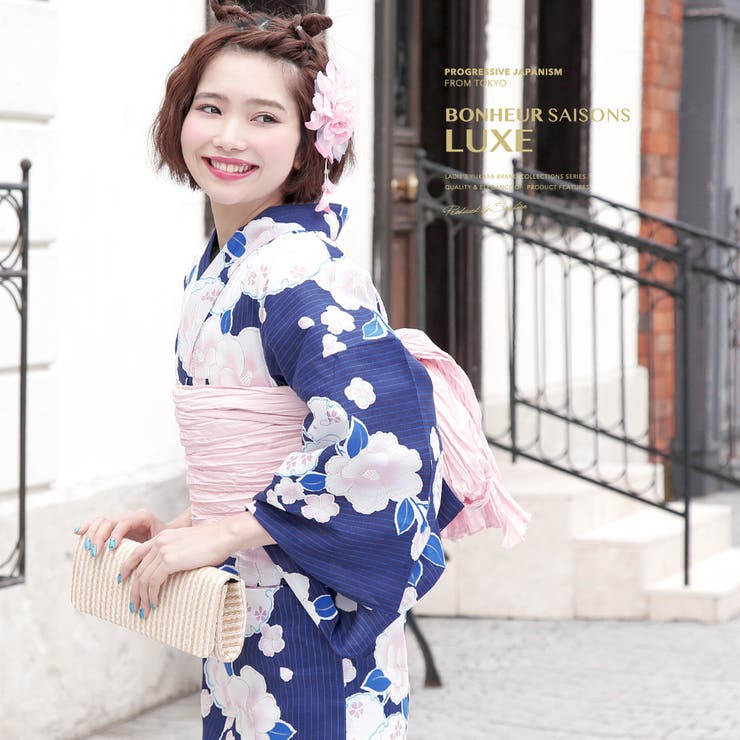 【10%OFFクーポン!7/26(日)1:59まで】SOUBIEN 浴衣 3点セット(浴衣/兵児帯/下駄) bonheur saisons 紺青 ネイビー 椿 つばき 雪輪 金魚 綿 ラメ 花火大会 夏祭り 浴衣セット ゆかた 女性 レディース【レトロ】|SHOPLIST