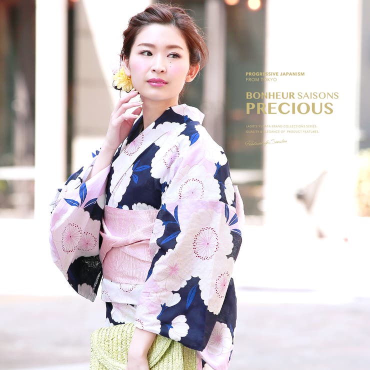 SOUBIEN 浴衣 3点セット（浴衣/半幅帯/下駄） bonheur saisons 紺 ネイビー 白 桜 ラメ 綿麻 花火大会 夏祭り 浴衣セット ゆかた 女性 レディース【レトロ】【レトロ】【大人】 浴衣・着物