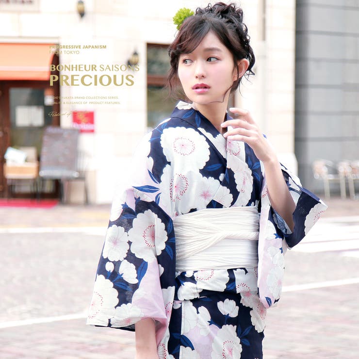【10％OFFクーポン！5/7(木)9:59まで】SOUBIEN 浴衣 3点セット（浴衣/兵児帯/下駄） bonheur saisons 紺 ネイビー 白 桜 ラメ 綿麻 花火大会 夏祭り 浴衣セット ゆかた 女性 レディース【レトロ】【レトロ】【大人