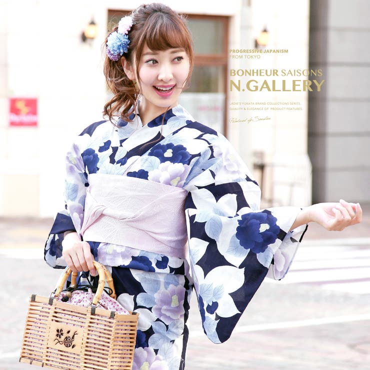 【10％OFFクーポン！5/7(木)9:59まで】SOUBIEN 浴衣 3点セット（浴衣/半幅帯/下駄） bonheur saisons 濃紺 ネイビー 白 椿 花 綿 花火大会 夏祭り 浴衣セット ゆかた 女性 レディース【華やか】【華やか】【大人】