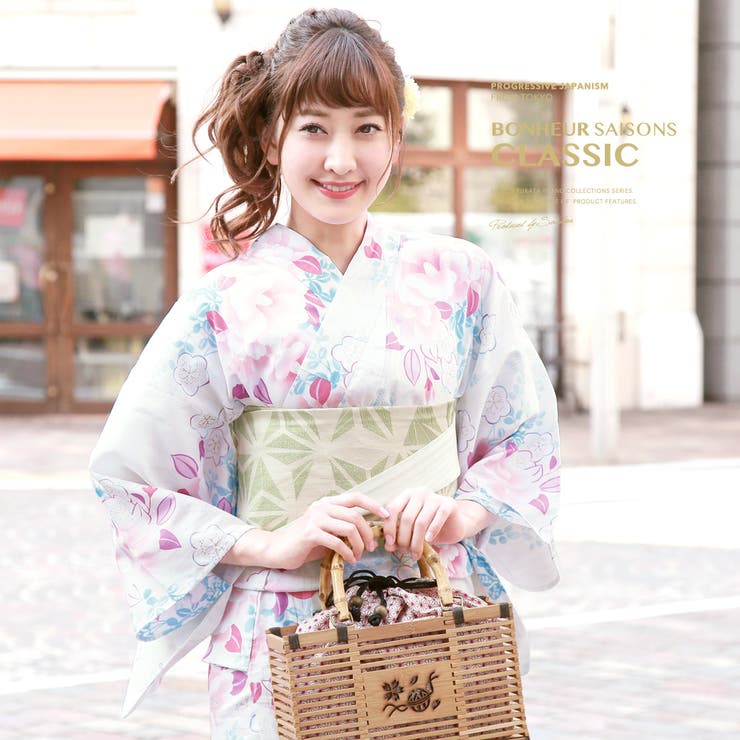 【10%OFFクーポン!7/26(日)1:59まで】SOUBIEN 浴衣 3点セット(浴衣/半幅帯/下駄) bonheur saisons 白 アイボリー ピンク 椿 ツバキ つばき 梅 花 綿麻 花火大会 夏祭り 浴衣セット ゆかた 女性 レディース【|SHOPLIST