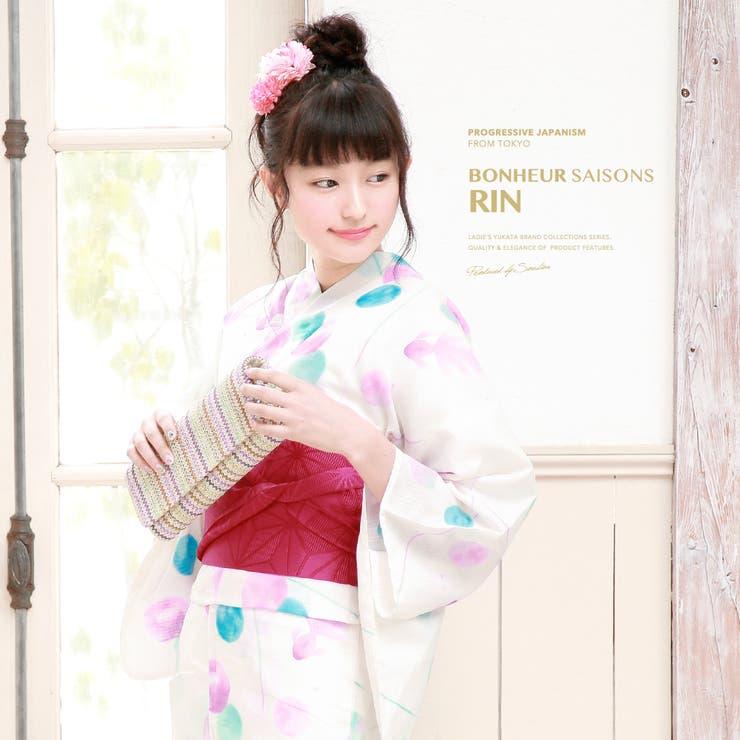 【10％OFFクーポン！7/26(日)1:59まで】SOUBIEN 浴衣　3点セット（浴衣/半幅帯/下駄）　bonheur saisons　白　クリーム　水色　紫　水玉　ドット　金魚　綿　紅梅　花火大会　夏祭り　浴衣セット　ゆかた　女性　レディース【モダ｜SHOPLIST