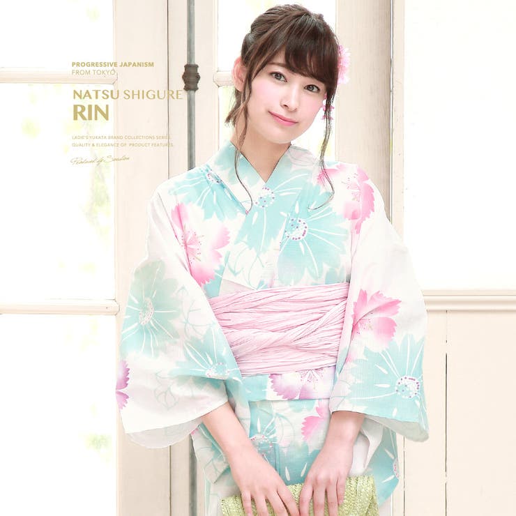 【10％OFFクーポン！7/26(日)1:59まで】SOUBIEN 浴衣　3点セット（浴衣/兵児帯/下駄）　bonheur saisons　白　ホワイト　薄青緑　向日葵　ヒマワリ　撫子　ラメ　綿　花火大会　夏祭り　浴衣セット　ゆかた　女性　レディース【フ｜SHOPLIST 9,048円