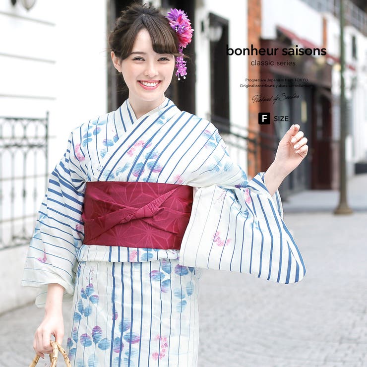 【10％OFFクーポン！7/26(日)1:59まで】SOUBIEN 浴衣　3点セット（浴衣/半幅帯/下駄）　bonheur saisons　白　アイボリー　藍色　インディゴブルー　赤紫　萩　縞　綿麻　夏祭り　花火大会　浴衣セット　ゆかた　女性　レディース｜SHOPLIST