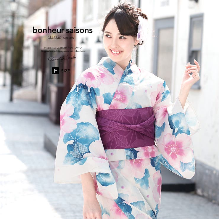 【10%OFFクーポン!7/26(日)1:59まで】SOUBIEN 浴衣 3点セット(浴衣/半幅帯/下駄) bonheur saisons 白 アイボリー ピンク 藍色 紫 芙蓉 花 ラメ 綿麻 夏祭り 花火大会 浴衣セット ゆかた 女性 レディース フ|SHOPLIST