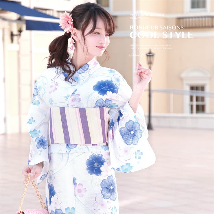 【10%OFFクーポン!7/26(日)1:59まで】SOUBIEN 浴衣 3点セット(浴衣/半幅帯/下駄) bonheur saisons 白 オフホワイト 青 ブルー 椿 桜 綿 ラメ 綿 花火大会 夏祭り 浴衣セット ゆかた 女性 レディース S・フ|SHOPLIST