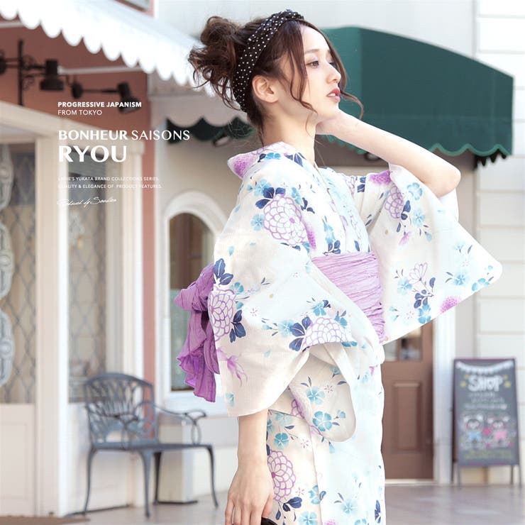 【10%OFFクーポン!7/26(日)1:59まで】SOUBIEN 浴衣 3点セット(浴衣/兵児帯/下駄) bonheur saisons 白 オフホワイト 薄紫 菊 金魚 撫子 綿 ラメ 夏祭り 花火大会 浴衣セット ゆかた 女性 レディース【フェミニ|SHOPLIST