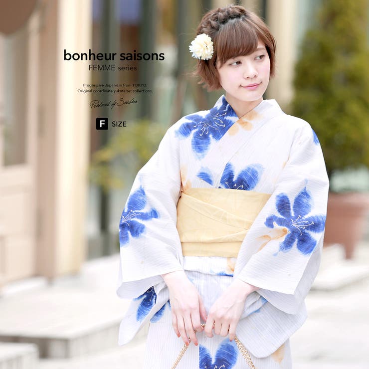 【10％OFFクーポン！5/7(木)9:59まで】SOUBIEN 浴衣 3点セット（浴衣/半幅帯/下駄） bonheur saisons 生成り色 アイボリー 青 黄色 百合 金魚 露芝 縞 ラメ 綿麻 夏祭り 花火大会 浴衣セット ゆかた 女性 レデ