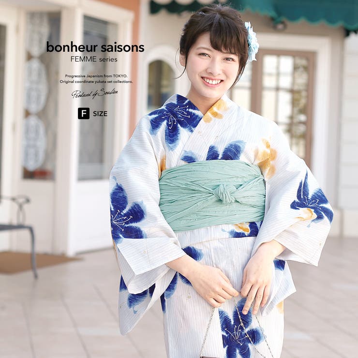 【10％OFFクーポン！5/7(木)9:59まで】SOUBIEN 浴衣 3点セット（浴衣/兵児帯/下駄） bonheur saisons 生成り色 アイボリー 黄色 青 薄緑 百合 金魚 露芝 縞 ラメ 綿麻 夏祭り 花火大会 浴衣セット ゆかた 女性