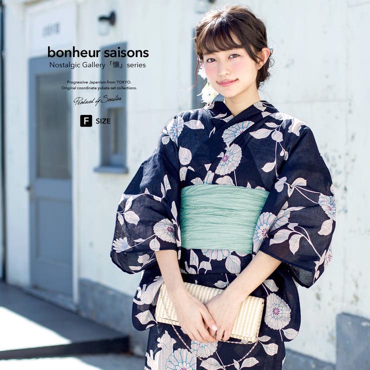 SOUBIEN 浴衣 3点セット（浴衣/兵児帯/下駄） bonheur saisons 濃紺色 ネイビー 生成色 薄緑 菊 キク 花 猫 ネコ ねこ レトロ 綿麻 夏祭り 花火大会 浴衣セット ゆかた 女性 レディース フリーサイズ【レトロ】【大正】【レ