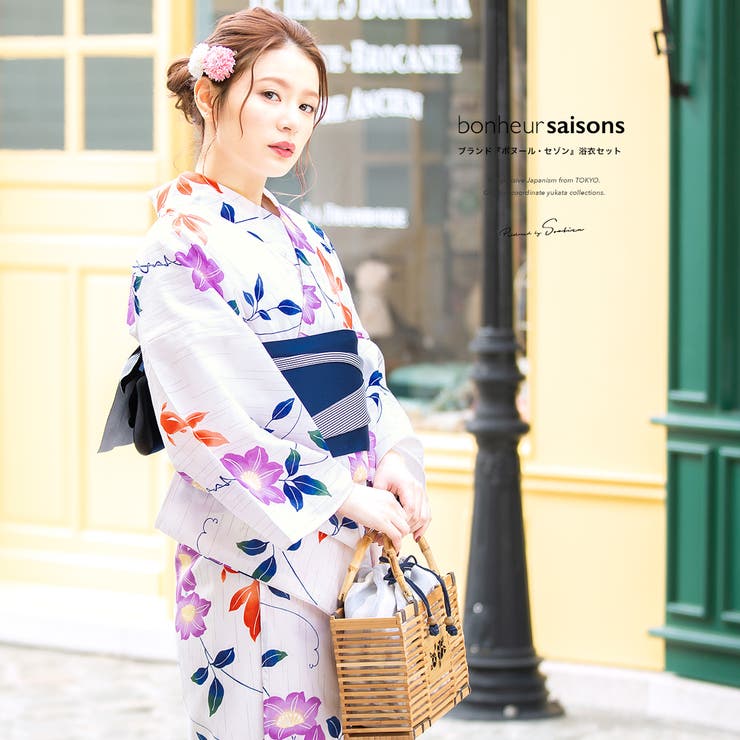 SOUBIEN 浴衣セット 3点セット（浴衣/帯/下駄） bonheur saisons ボヌールセゾン 白系 アイボリー 紫 紺 鉄線花 クレマチス 金魚 雨縞 綿 レディース 夏 花火大会【モダン】【大人】 浴衣・着物