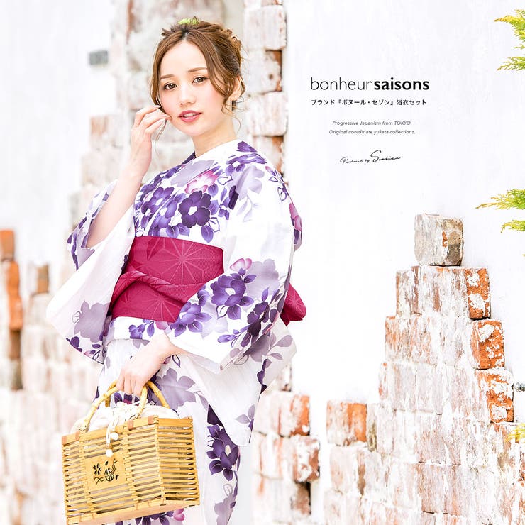 SOUBIEN 浴衣セット 3点セット（浴衣/帯/下駄） bonheur saisons ボヌールセゾン 白 オフホワイト 紫 パープル 赤紫 椿 花 ラメ 綿麻 レディース 夏 花火大会【フェミニン】