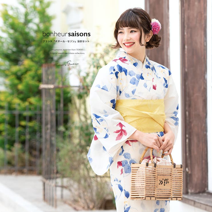 SOUBIEN 浴衣セット 3点セット（浴衣/帯/下駄） bonheur saisons ボヌールセゾン 白系 オフホワイト 青 黄色 椿 ツバキ 金魚 花 綿麻 レディース 夏 花火大会【フェミニン】【大人】 浴衣・着物
