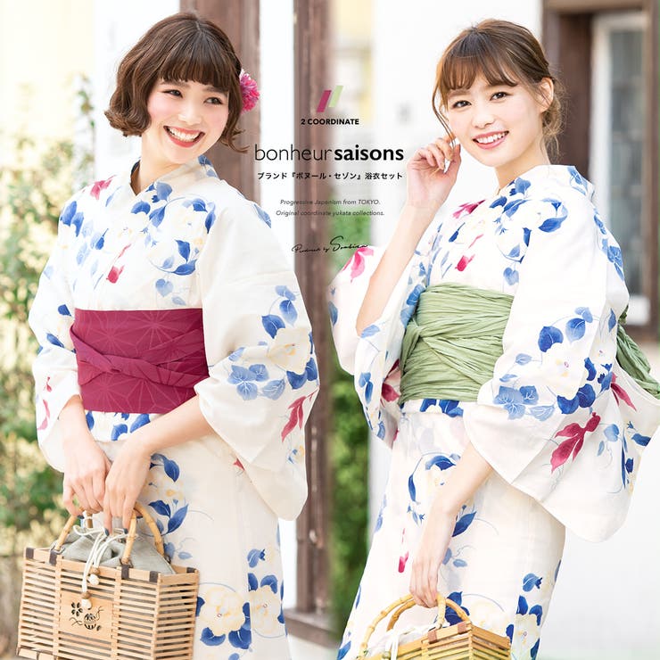 SOUBIEN 浴衣セット 3点セット（浴衣/帯/下駄） bonheur saisons ボヌールセゾン 白系 オフホワイト 青 赤紫 椿 ツバキ 金魚 花 綿麻 レディース 夏 花火大会【フェミニン】【大人】 浴衣・着物
