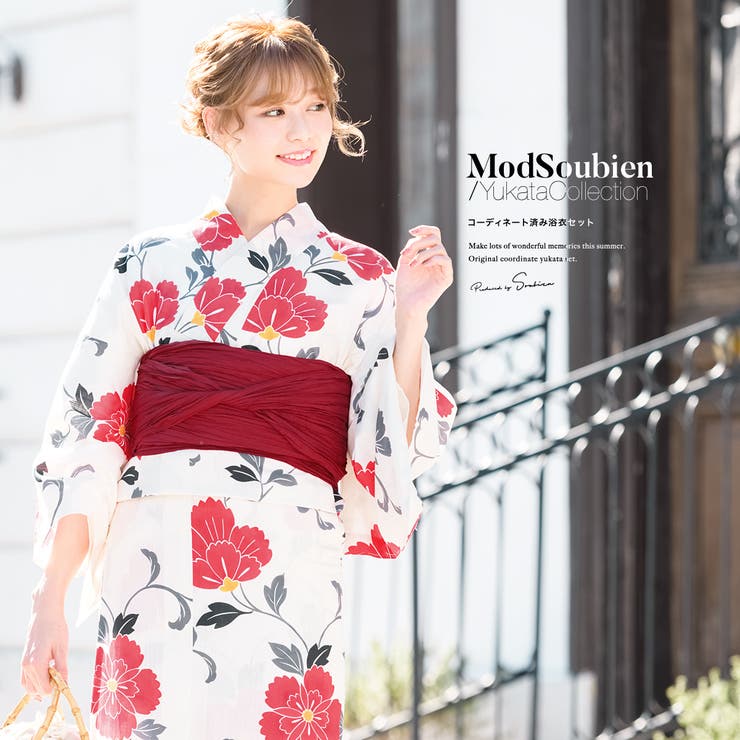 【10%OFFクーポン!7/26(日)1:59まで】SOUBIEN 浴衣 セット レディース レトロ 浴衣セット 大人 3点セット ホワイト 白 レッド 赤 グレー 灰色 桜 花唐草 花 フラワー 綿 夏祭り 花火大会 女性用 S・フリー【レトロ】【モダ|SHOPLIST