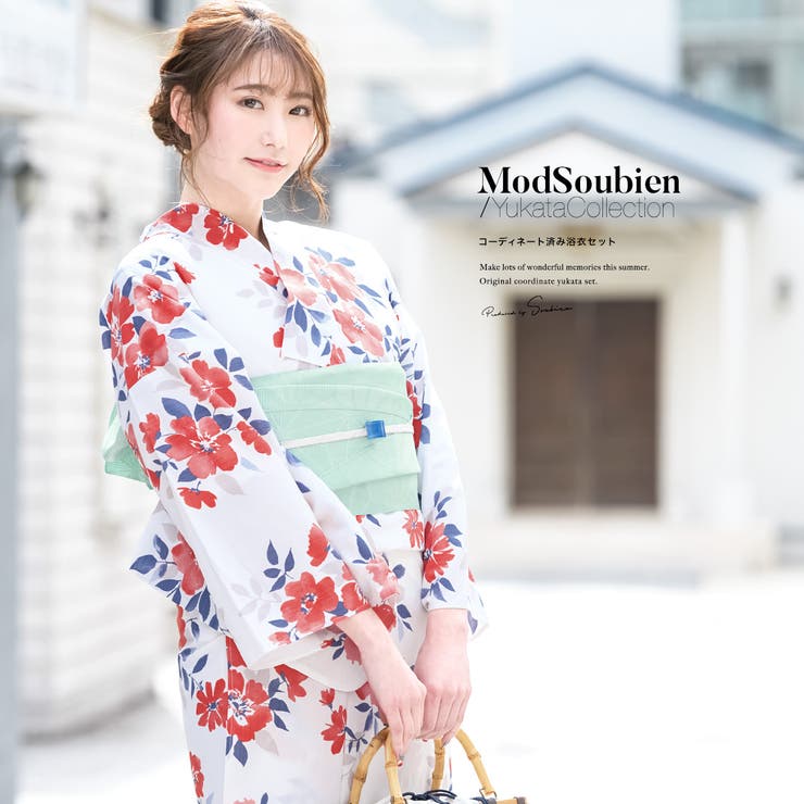 【10%OFFクーポン!7/26(日)1:59まで】SOUBIEN 浴衣 セット レディース レトロ 浴衣セット 大人 3点セット ホワイト 白 レッド 赤 椿 ツバキ 花 フラワー モダン 変わり織り 夏祭り 花火大会 女性用 S・フリー【レトロ】【モ|SHOPLIST