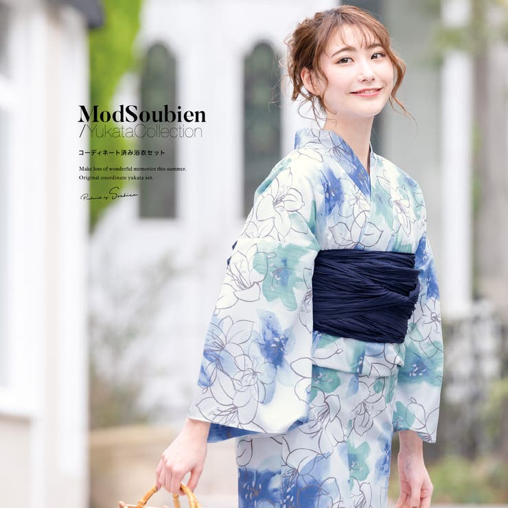 【10%OFFクーポン!7/26(日)1:59まで】SOUBIEN 浴衣 セット レディース レトロ 浴衣セット 大人 3点セット ホワイト 白 水色 青 ライトブルー ブルー 百合 ユリ 花 フラワー モダン 変わり織り 夏祭り 花火大会 女性用 仕立|SHOPLIST