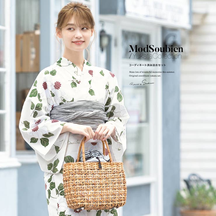 【10％OFFクーポン！7/26(日)1:59まで】SOUBIEN 浴衣 セット レディース 浴衣セット 大人 3点セット ホワイト 白 緑 グレー クレマチス モダン 変わり織り 女性 夏 S・フリー【浴衣 セット】 浴衣・着物｜SHOPLIST