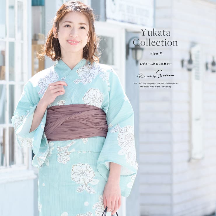 【10％OFFクーポン！7/26(日)1:59まで】SOUBIEN 浴衣 3点セット（浴衣/兵児帯/下駄） ブルー 水色 辻が花調 花 フラワー レトロモダン 綿 綿 女性用 浴衣セット 30代 40代 ママ 大人浴衣【Sサイズ】【フリーサイズ】 浴衣・｜SHOPLIST
