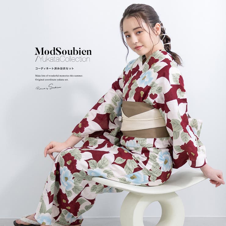 【10％OFFクーポン！7/26(日)1:59まで】SOUBIEN 浴衣 セット レディース 浴衣セット 半幅帯 大人 3点セット ボヌールセゾン 赤 レッド 白 グレージュ 椿 綿麻 夏 花火大会 モダン Sサイズ フリーサイズ 浴衣・着物｜SHOPLIST