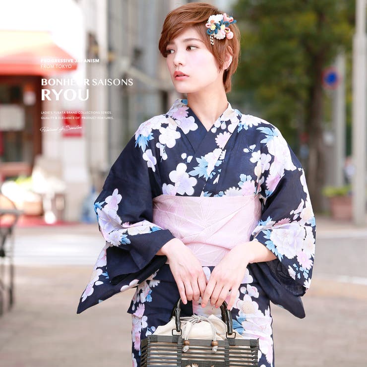 【10%OFFクーポン!7/26(日)1:59まで】SOUBIEN 浴衣 3点セット(浴衣/半幅帯/下駄) bonheur saisons 濃紺 ネイビー 薄ピンク 牡丹 梅 麻の葉 花 綿 ラメ 花火大会 夏祭り 浴衣セット ゆかた 女性 レディース|SHOPLIST