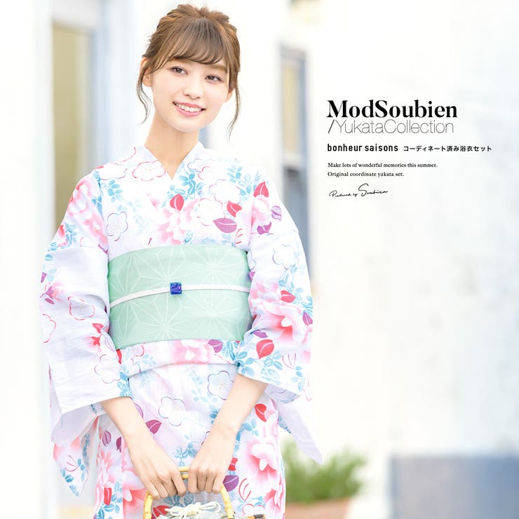 【10％OFFクーポン！7/26(日)1:59まで】SOUBIEN 浴衣 セット レディース 浴衣セット 作り帯 大人 2点セット（浴衣/帯） 白 アイボリー ピンク 水色 椿 ツバキ 梅 花 ラメ 綿麻 夏 花火大会 ボヌールセゾン フリー【フェミニン｜SHOPLIST 10,422円