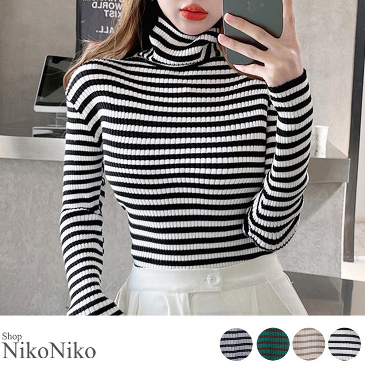 楽天市場】【全品送料無料！】 タートルネック ボーダー リブニット