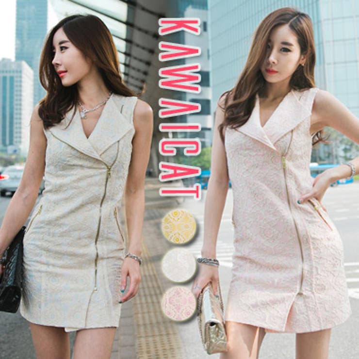 【10％OFFクーポン！7/26(日)1:59まで】KawaiCat 【C-style】【op11746】洗練されたライダースにレース配色で女性らしさを強調したノースリーブライダースレースワンピース ワンピース・ドレス｜SHOPLIST