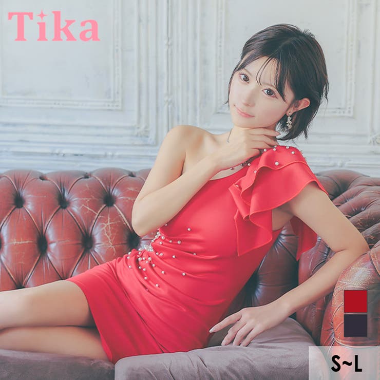 【10％OFF引き換え証！6/11(木)1:59まで】Tika フリルワンショルダーサイドカットパールタイトミニドレス 色っぽい御召しもの 雅びやか 袖なし フラウンス袖 カットアウト キャバドレス キャバ 御召しもの S-L大きさ 赤いこと 米国海軍 聖菜 MIYA
