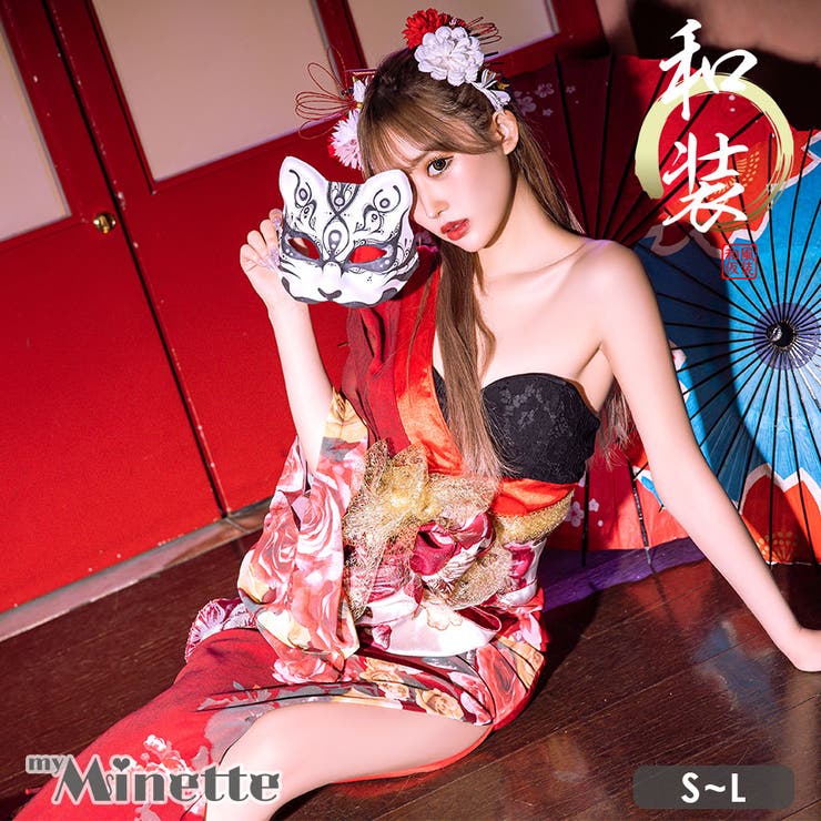 my minette ハートカットワンショルダー花魁風ロングドレス セクシードレス セクシーコスプレ 袖あり 長袖 シアー袖 ハロウィンコスプレ キャバドレス キャバ ドレス 和装 賀正コスプレ S-Lサイズ ブラック&times;レッド ゆりにゃ myMinett｜SHOPLIST